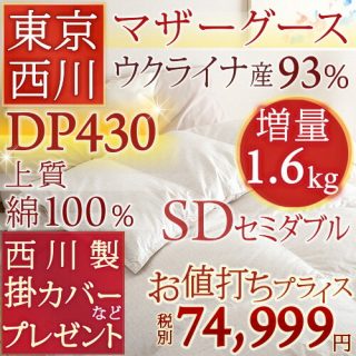 おすすめの”冬用”羽毛布団・西川産業(東京西川) ウクライナ産シルバーマザーグースダウン(セミダブル)74,999円