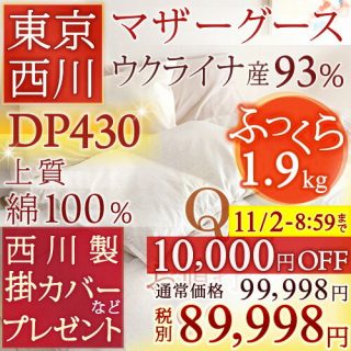 おすすめの”冬用”羽毛布団・西川産業(東京西川) ウクライナ産産シルバーマザーグースダウン(クイーン)99,998円